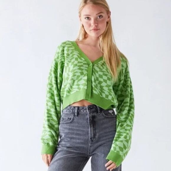Pacsun LA Hearts Brand Green Cropped Checkered Print Cardigan Sweater Size Small - Picture 1 of 4